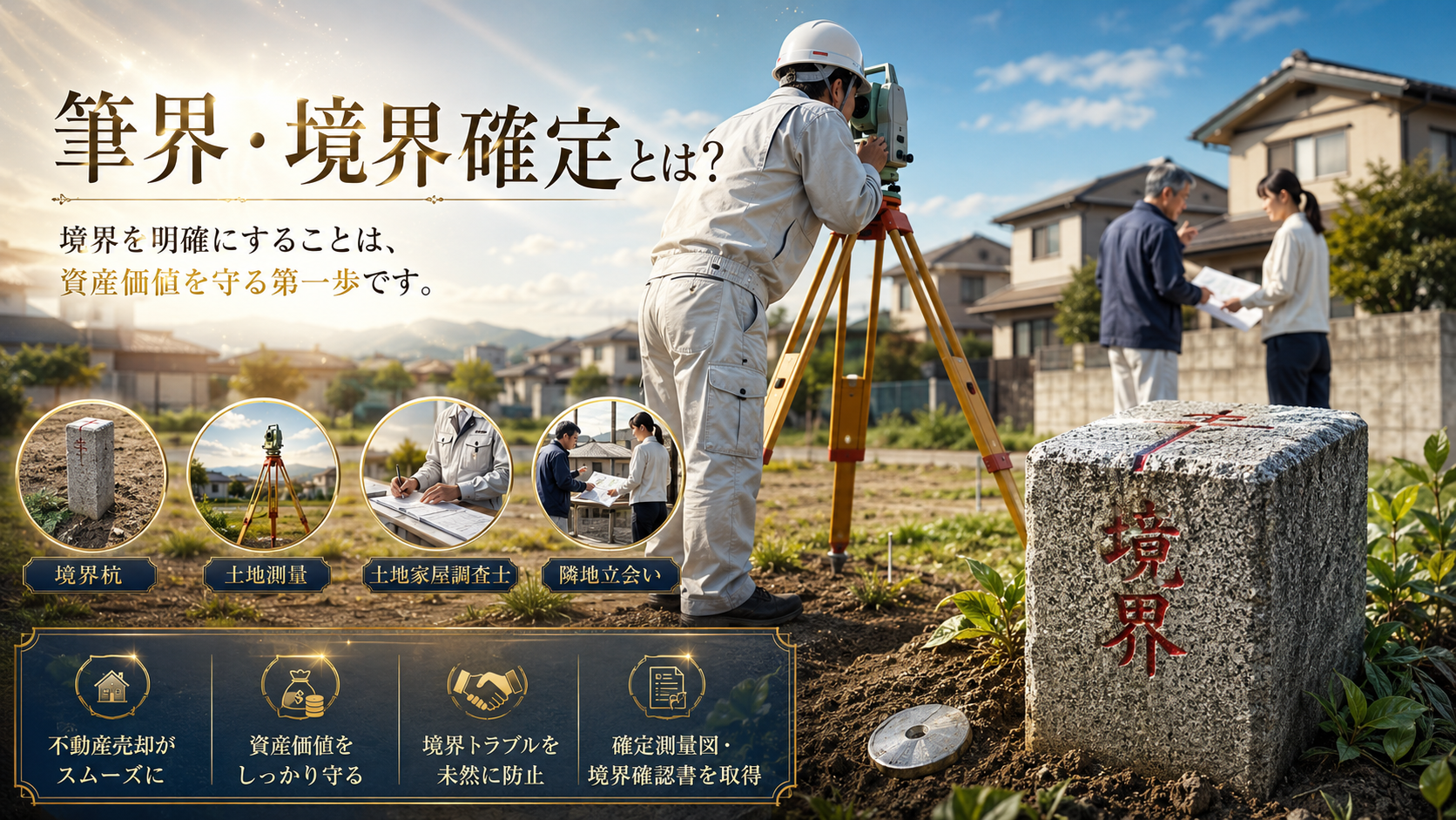 土地測量・境界杭・土地家屋調査士・隣地立会いのイメージ画像