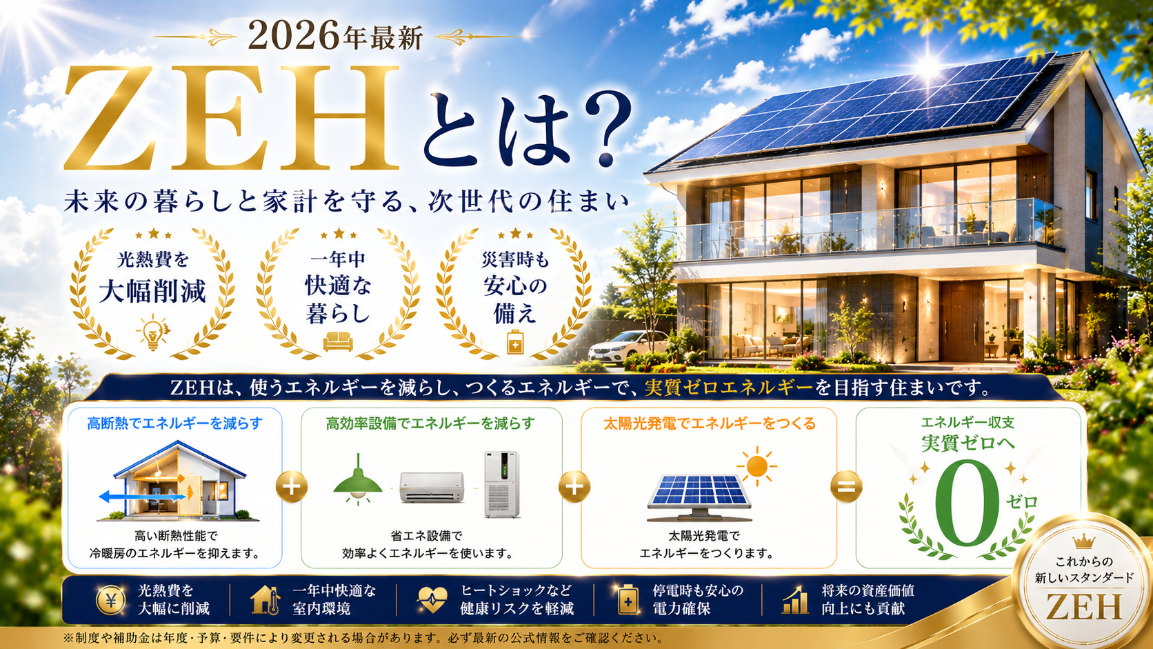 2026年最新 ZEH住宅のイメージ 高断熱 省エネ 太陽光発電 蓄電池