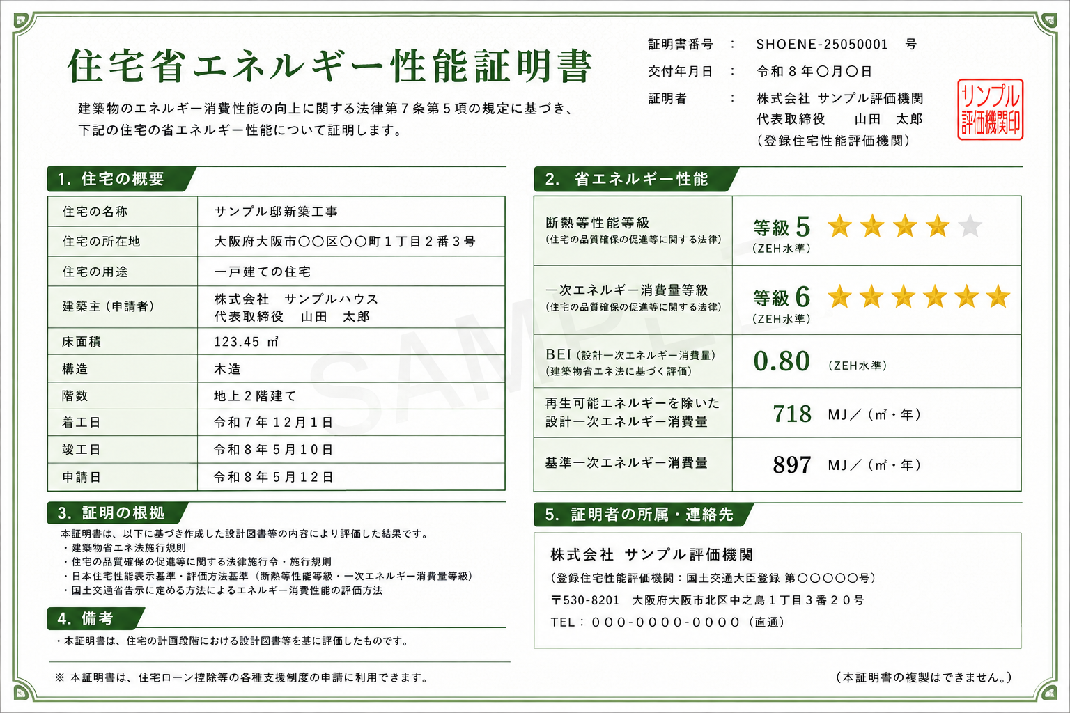 住宅省エネルギー性能証明書サンプル