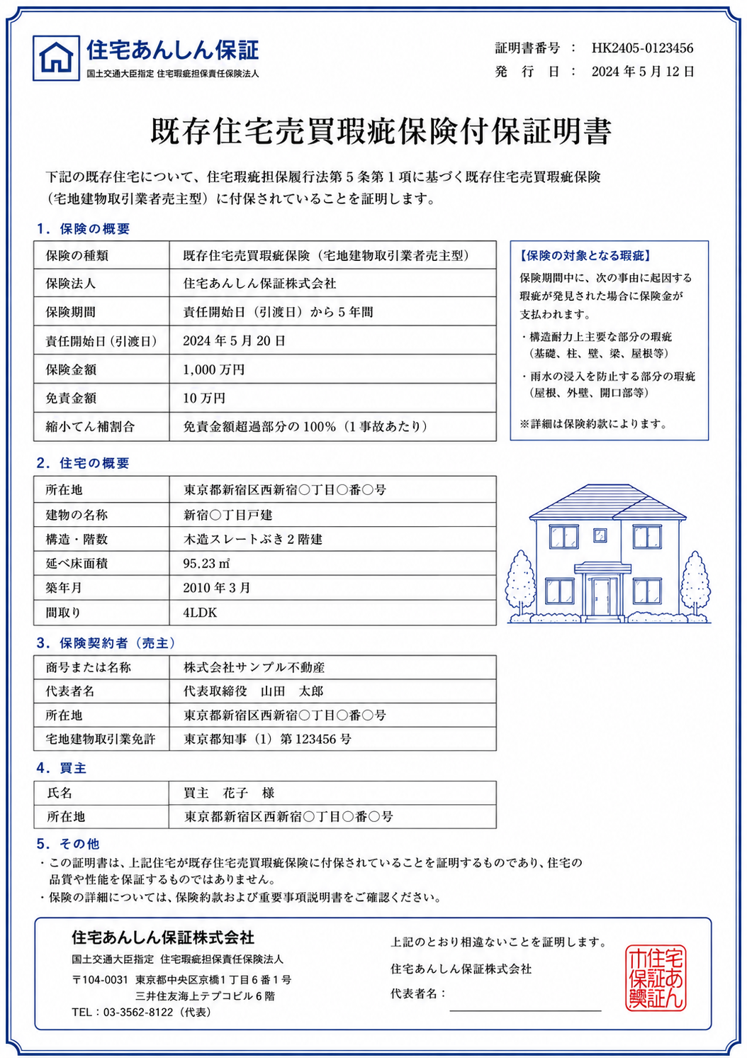 既存住宅売買瑕疵保険付保証明書サンプル